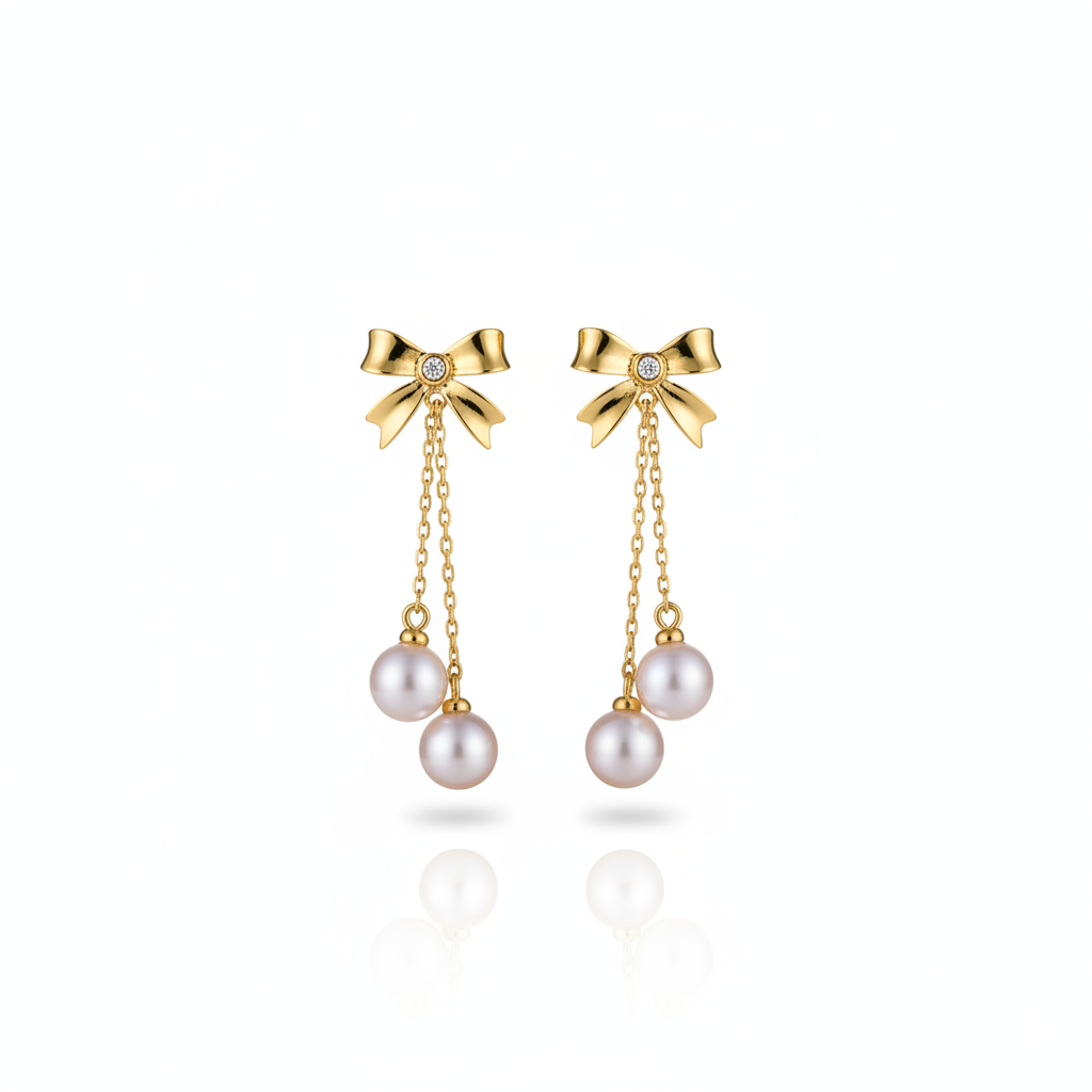 Lumina Heart Ribbon Bow Double Pearl Drop Earrings in 18K Gold Vermeil