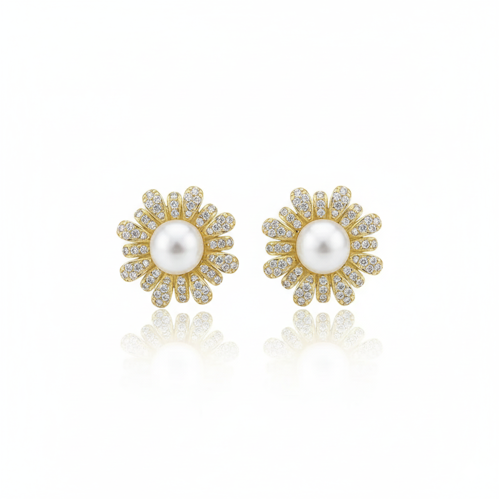 Forest Bloom Sunflower Pearl Stud Earrings in 18K Gold Vermeil