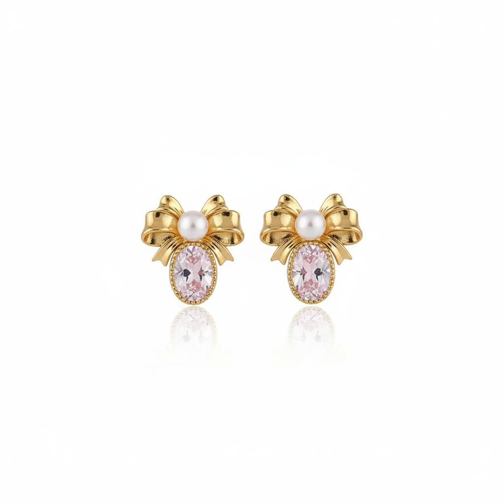 Lumina Heart Ribbon Pearl Pink Gemstone Stud Earrings in 18K Gold Vermeil