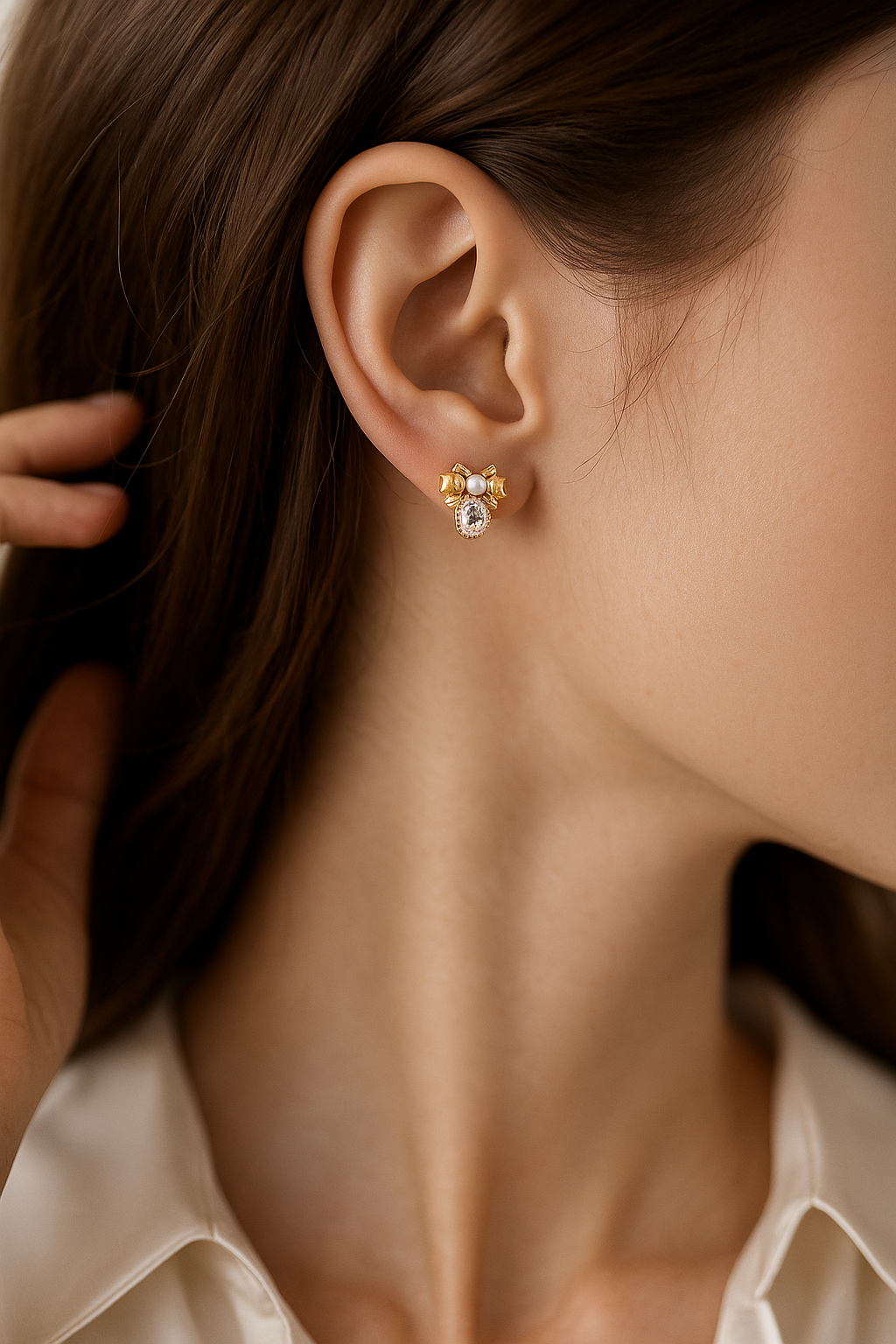 Lumina Heart Ribbon Pearl Pink Gemstone Stud Earrings in 18K Gold Vermeil
