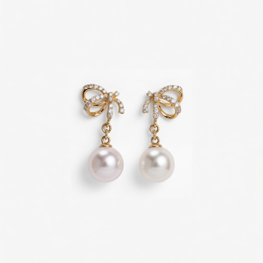 Lumina Heart Ribbon Bow Pearl Drop Earrings in 18K Gold Vermeil