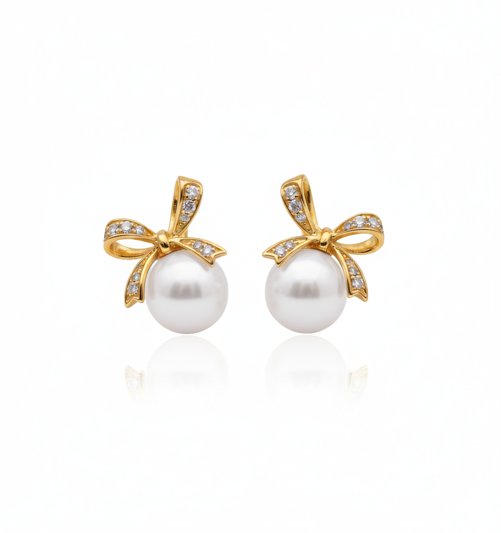 Lumina Heart Enchanted Bow Pearl Stud Earrings in 18K Gold Vermeil