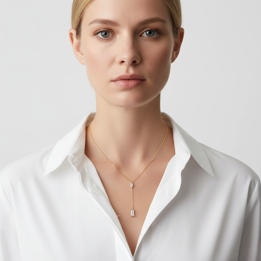 Daily Grace Baguette CZ Diamond Lariat Necklace in 18K Gold