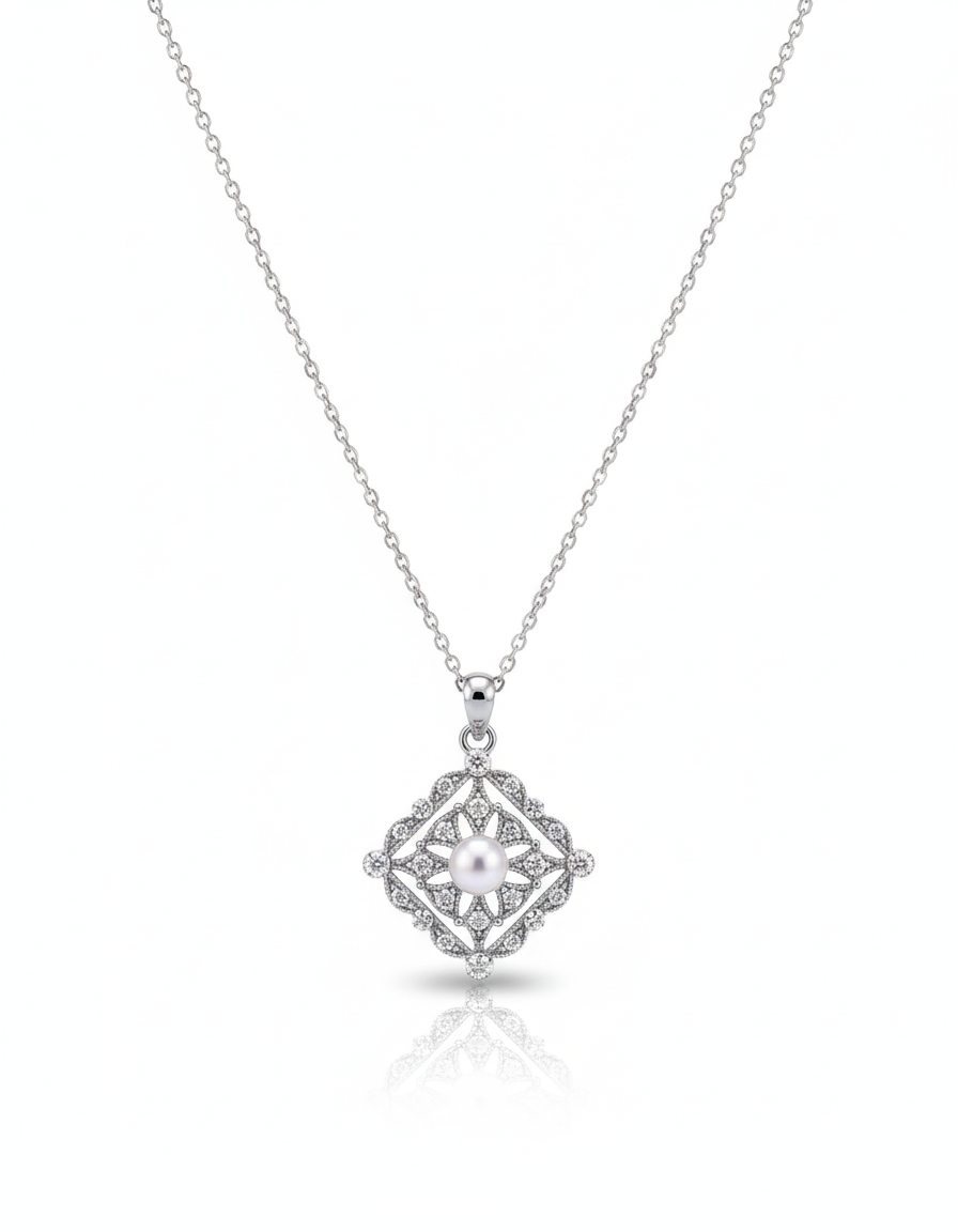 Daily Grace Metal Lace Pearl Pendant in 18K White Gold