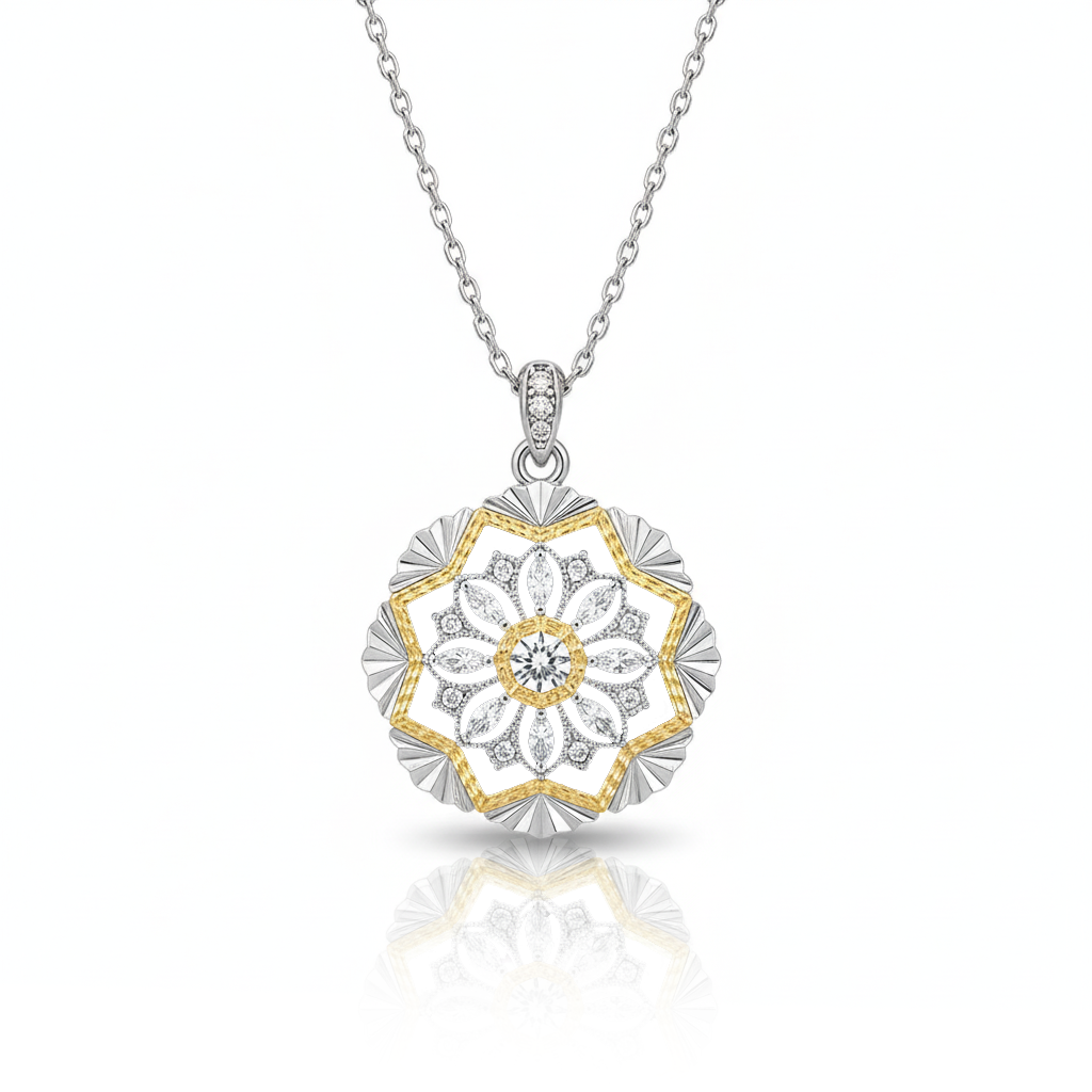 Daily Grace Two-Tone Mandala Flower CZ Diamond Pendant in 18K Gold