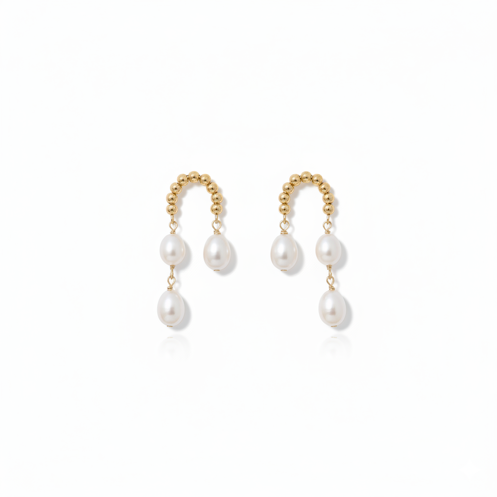 Daily Grace Curved Gold Ball Freshwater Pearl Earrings in 18K Gold