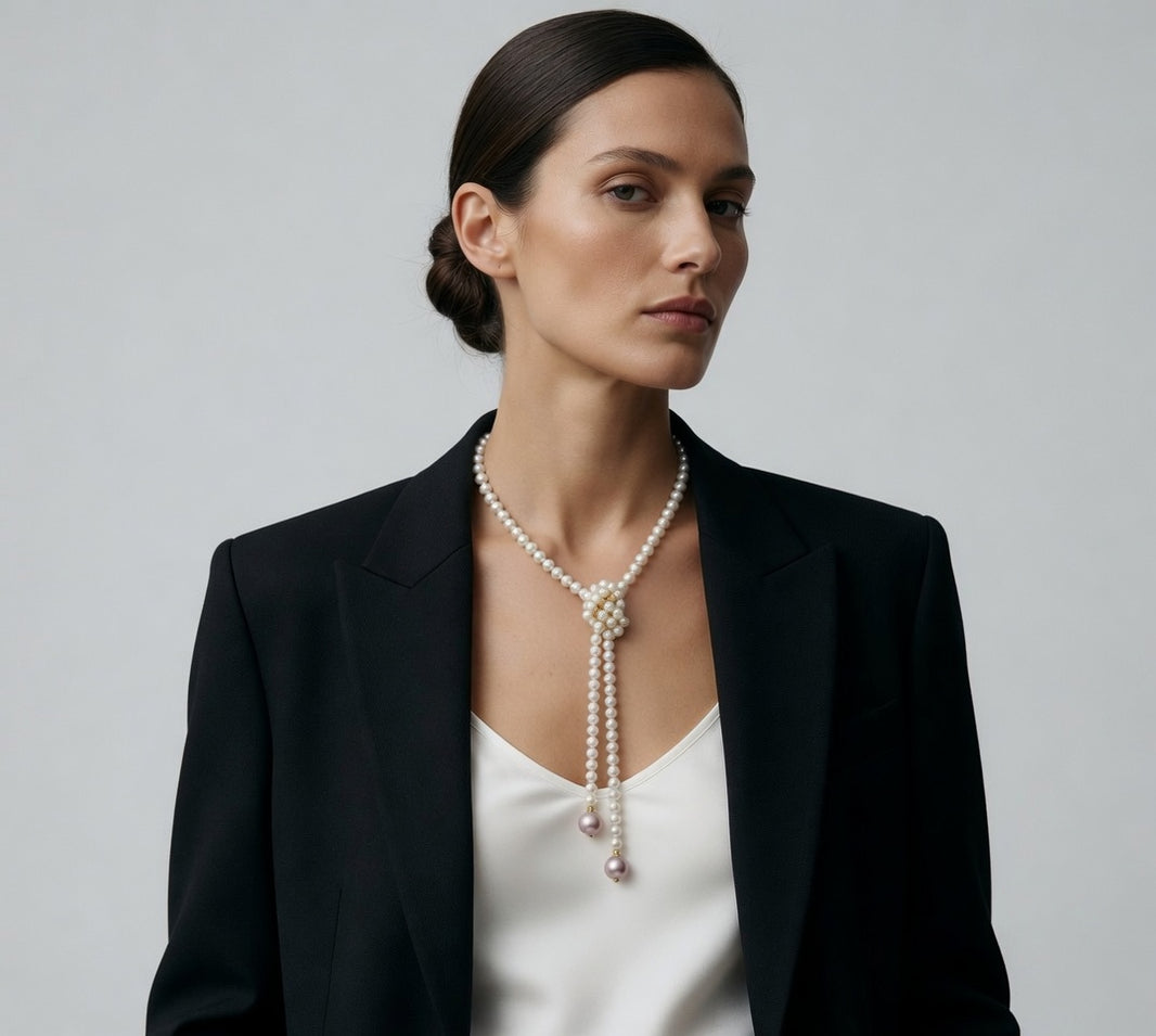 Daily Grace 101cm Freshwater Pearl Lariat Necklace with Purple Drop Pearls in 18K Gold