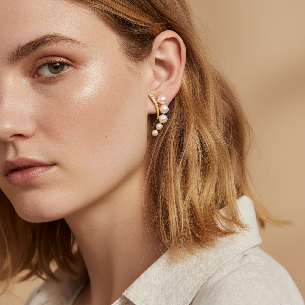 Guiding Star Crescent Moon Pearl Stud Earrings in 18K Gold Vermeil