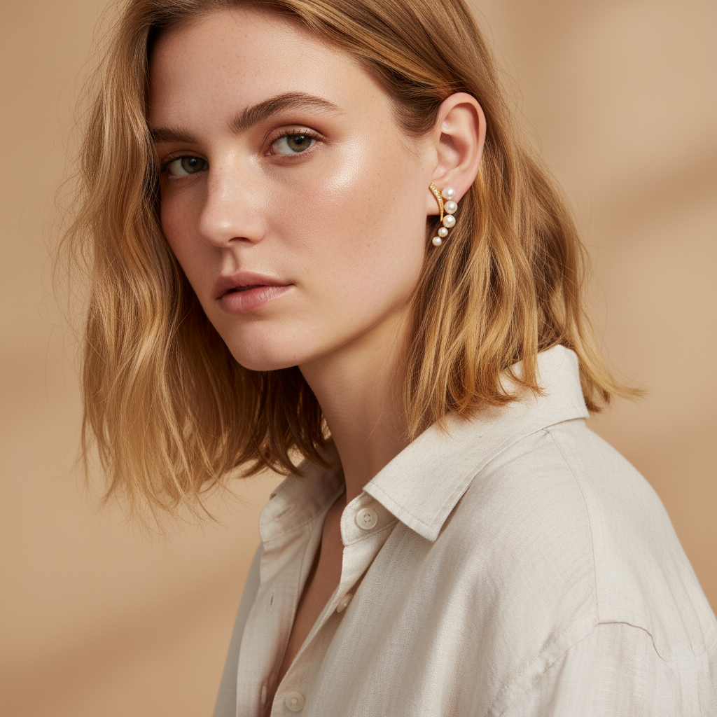 Guiding Star Crescent Moon Pearl Stud Earrings in 18K Gold Vermeil