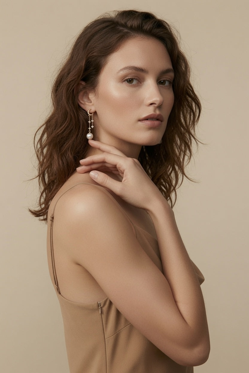 Guiding Star Crescent Moon and Star Pearl Drop Earrings in 18K Gold Vermeil