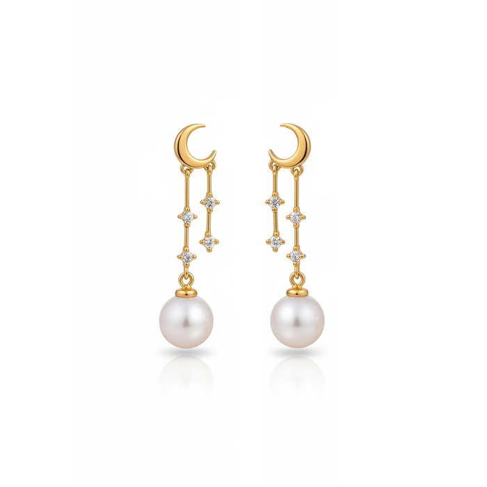 Guiding Star Crescent Moon and Star Pearl Drop Earrings in 18K Gold Vermeil