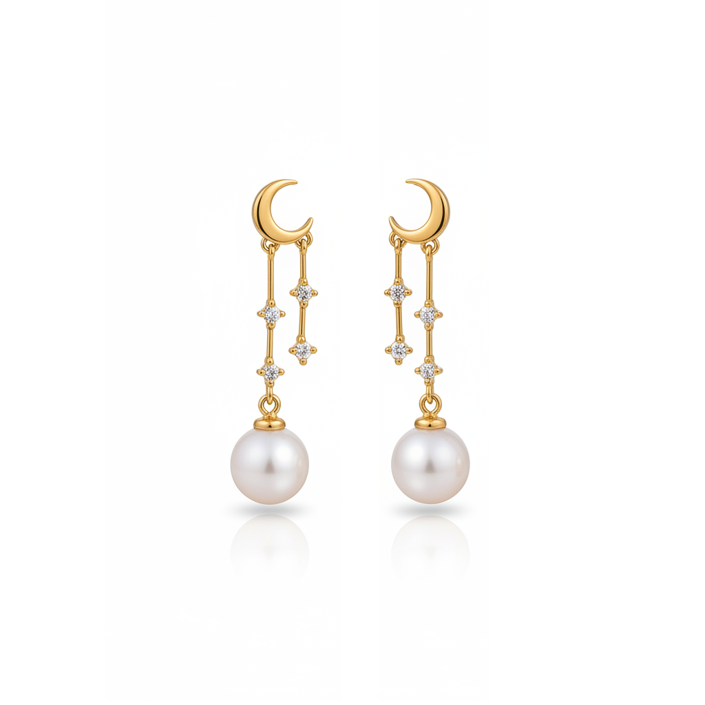 Guiding Star Crescent Moon and Star Pearl Drop Earrings in 18K Gold Vermeil