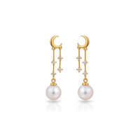 Guiding Star Crescent Moon and Star Pearl Drop Earrings in 18K Gold Vermeil