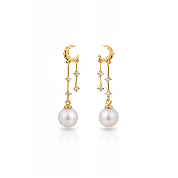 Guiding Star Crescent Moon and Star Pearl Drop Earrings in 18K Gold Vermeil