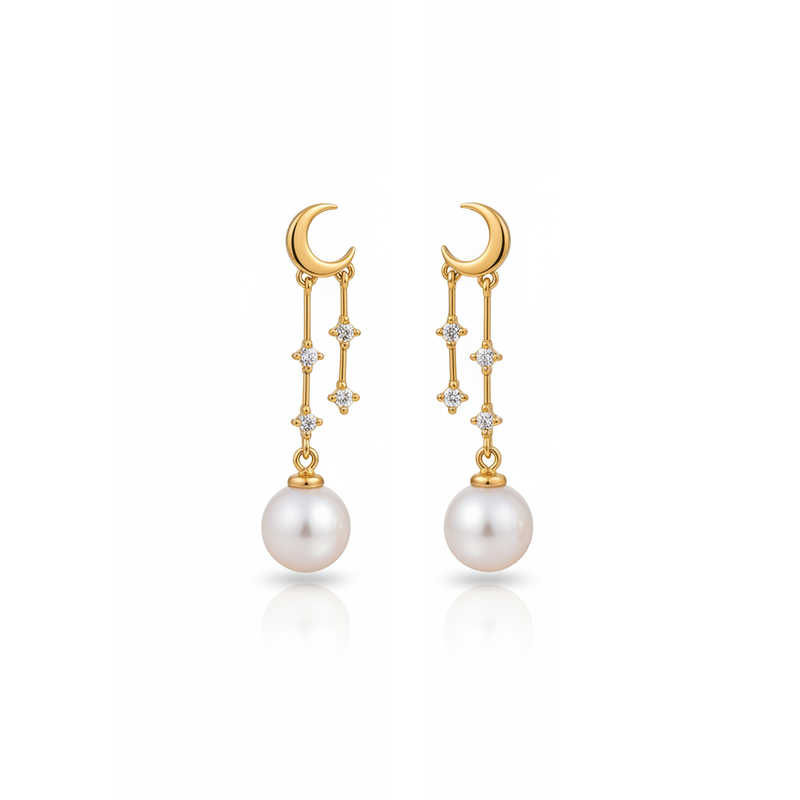 Guiding Star Crescent Moon and Star Pearl Drop Earrings in 18K Gold Vermeil
