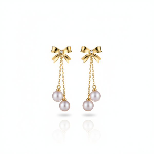Lumina Heart Ribbon Bow Double Pearl Drop Earrings