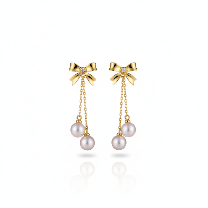 Lumina Heart Ribbon Bow Double Pearl Drop Earrings in 18K Gold Vermeil