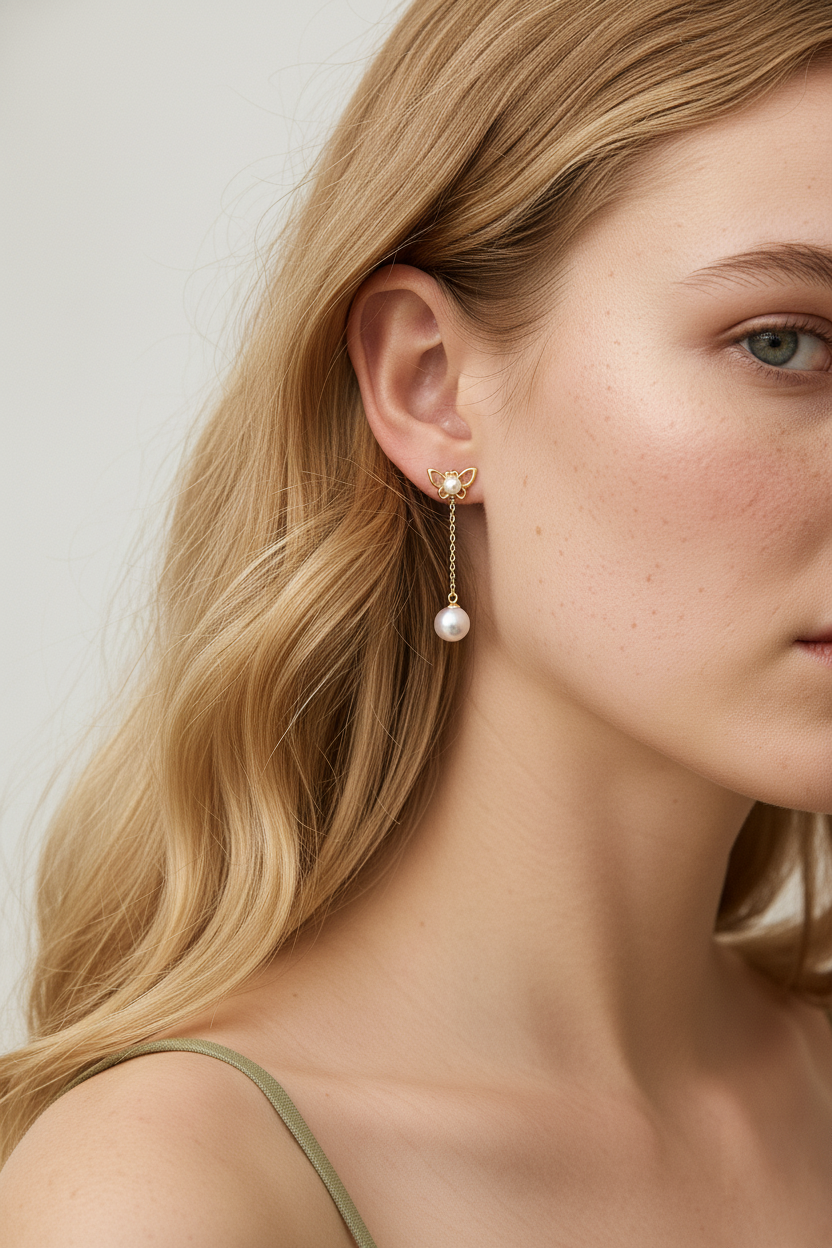 Forest Bloom Butterfly Two Way Pearl Stud & Drop Earring Jacket in 18K Gold Vermeil
