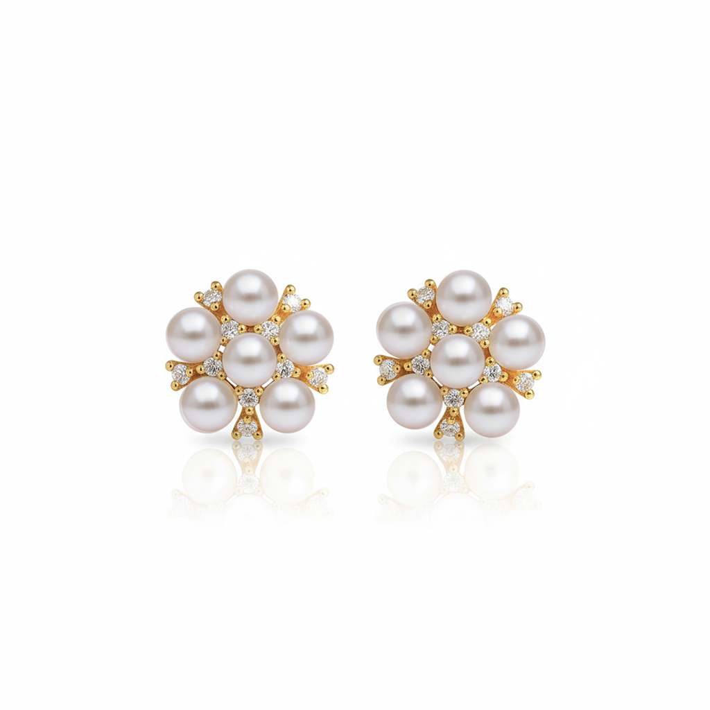 Forest Bloom Marigold Flower Pearl Stud Earrings in 18K Gold Vermeil