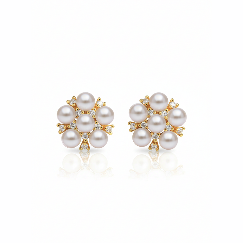 Forest Bloom Marigold Flower Pearl Stud Earrings in 18K Gold Vermeil