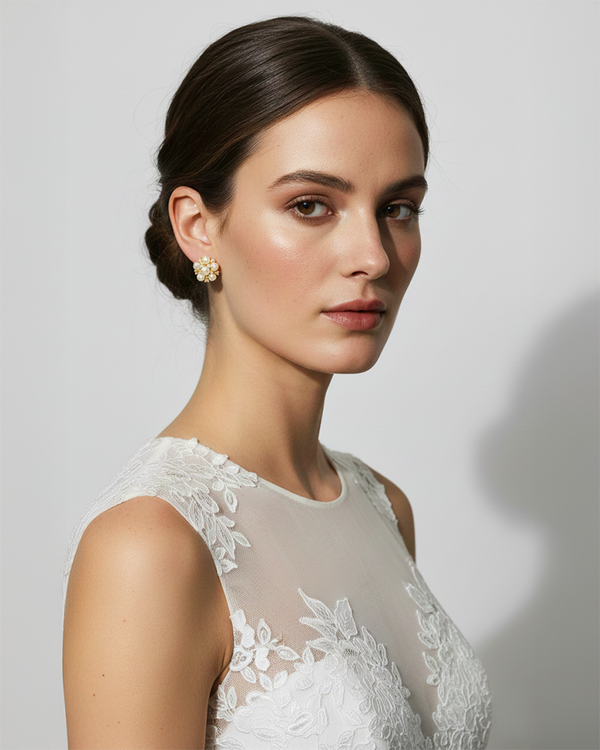 Forest Bloom Marigold Flower Pearl Stud Earrings in 18K Gold Vermeil