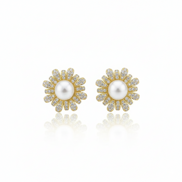 Forest Bloom Sunflower Pearl Stud Earrings in 18K Gold Vermeil