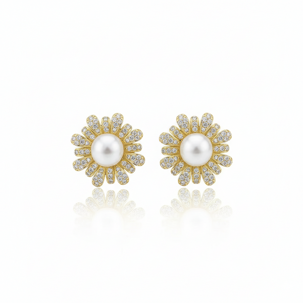 Forest Bloom Sunflower Pearl Stud Earrings in 18K Gold Vermeil