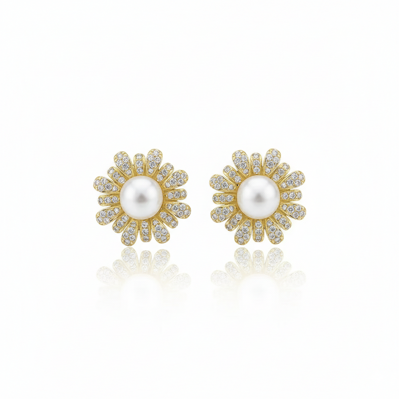 Forest Bloom Sunflower Pearl Stud Earrings in 18K Gold Vermeil