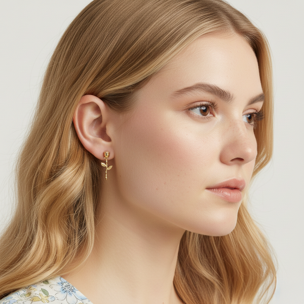 Forest Bloom Rose Stem Earrings in 18K Gold Vermeil