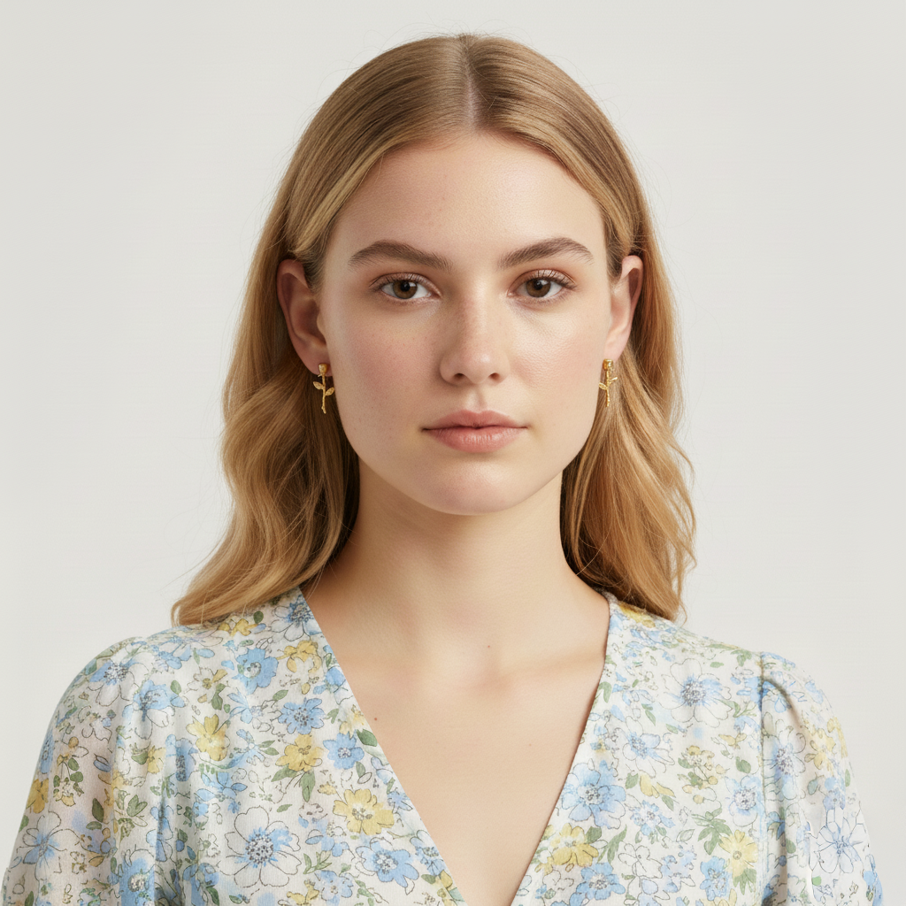 Forest Bloom Rose Stem Earrings in 18K Gold Vermeil