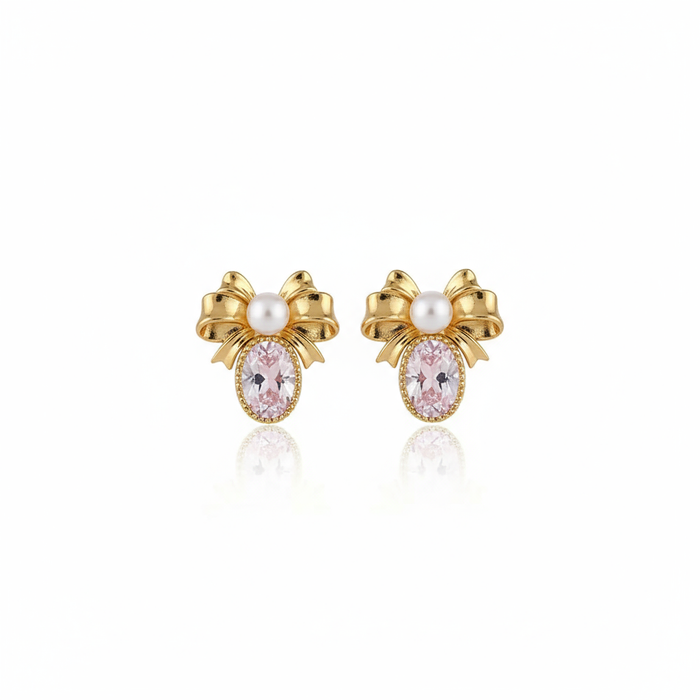 Lumina Heart Ribbon Pearl Pink Gemstone Stud Earrings in 18K Gold Vermeil