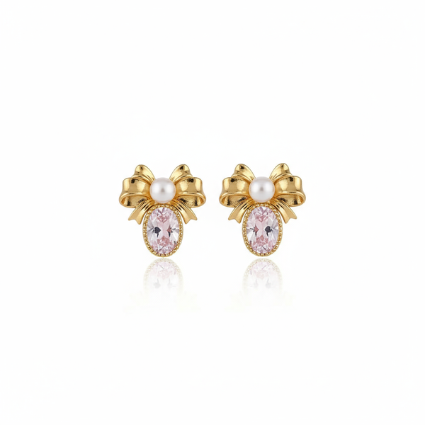 Lumina Heart Ribbon Pearl Pink Gemstone Stud Earrings in 18K Gold Vermeil