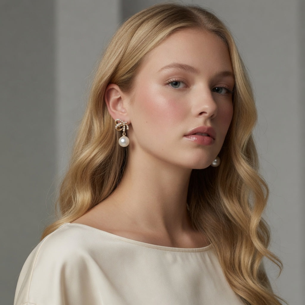 Lumina Heart Ribbon Bow Pearl Drop Earrings in 18K Gold Vermeil