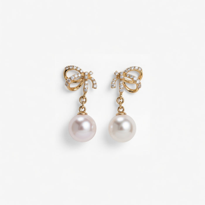 Lumina Heart Ribbon Bow Pearl Drop Earrings in 18K Gold Vermeil