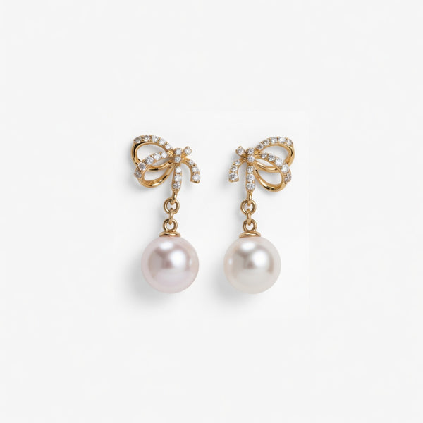 Lumina Heart Ribbon Bow Pearl Drop Earrings in 18K Gold Vermeil
