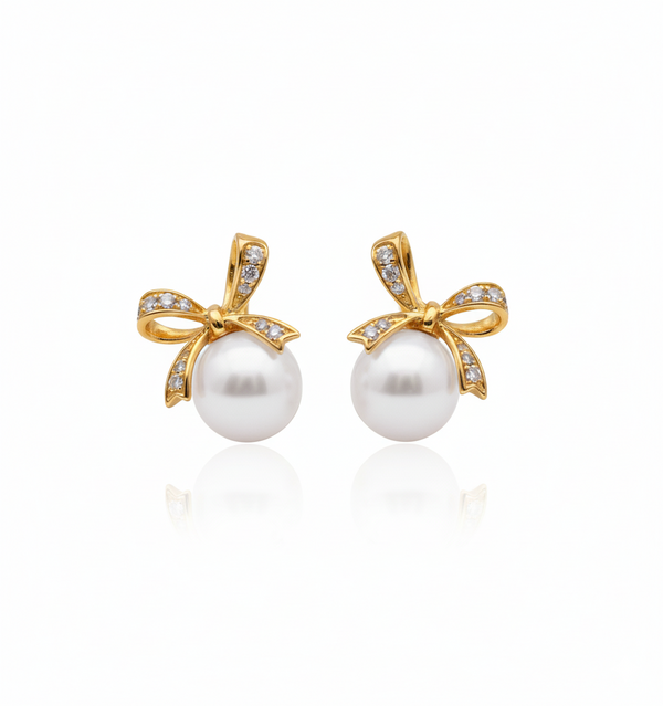 Lumina Heart Enchanted Bow Pearl Stud Earrings in 18K Gold Vermeil