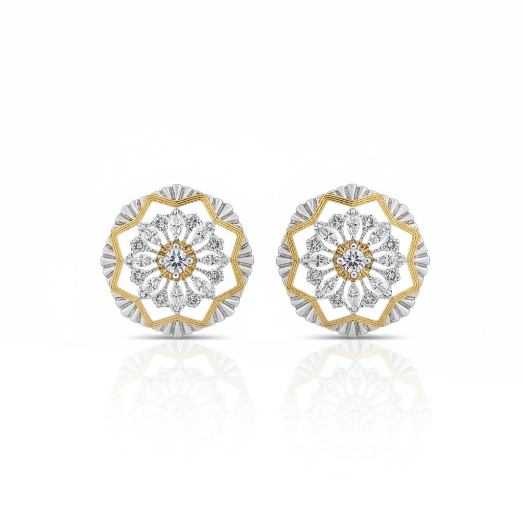 Daily Grace Two-Tone Mandala Flower CZ Diamond Earrings in 18K Gold
