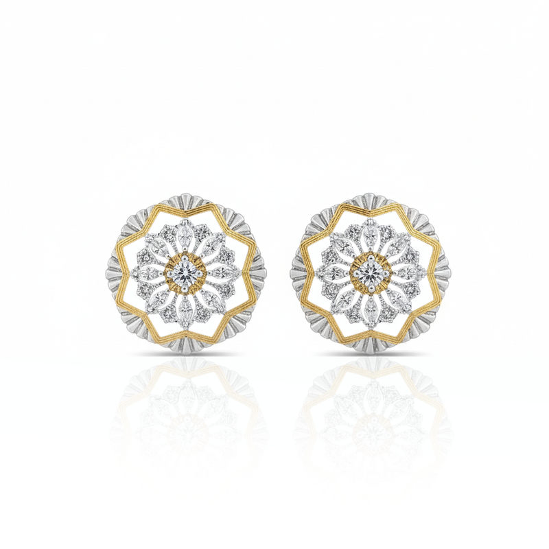 Daily Grace Two-Tone Mandala Flower CZ Diamond Earrings in 18K Gold