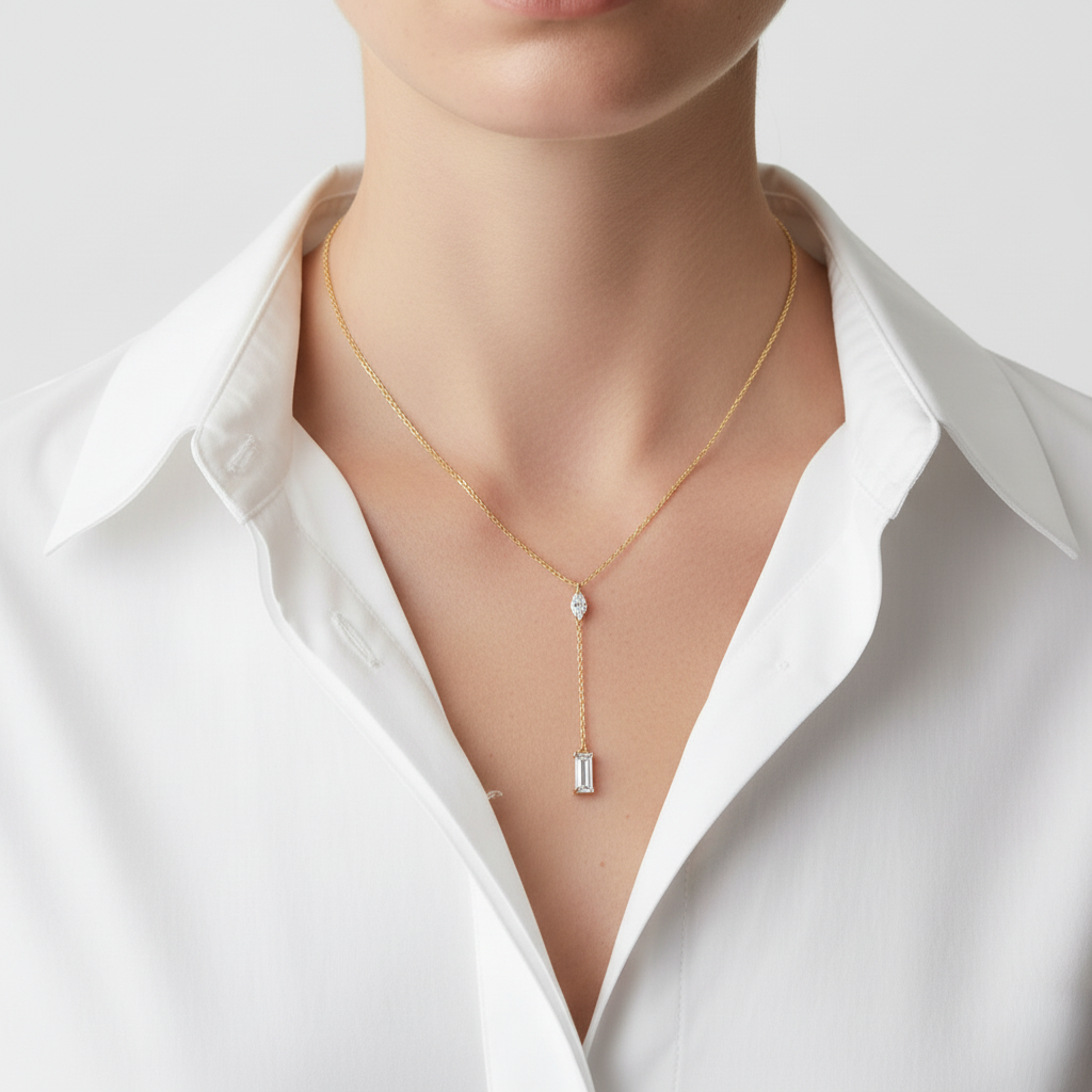 Daily Grace Baguette CZ Diamond Lariat Necklace in 18K Gold