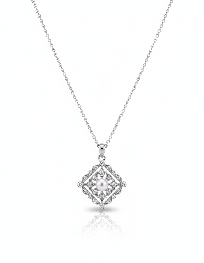 Daily Grace Metal Lace Pearl Pendant in 18K White Gold