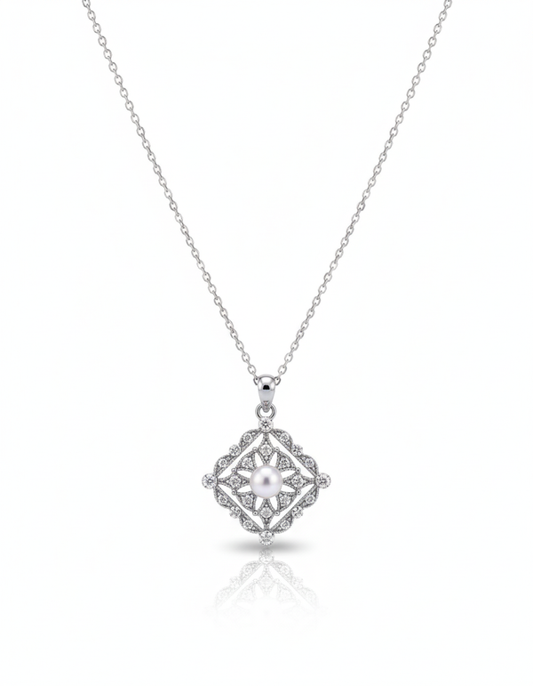 Daily Grace Metal Lace Pearl Pendant in 18K White Gold