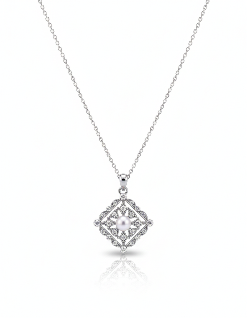 Daily Grace Metal Lace Pearl Pendant in 18K White Gold