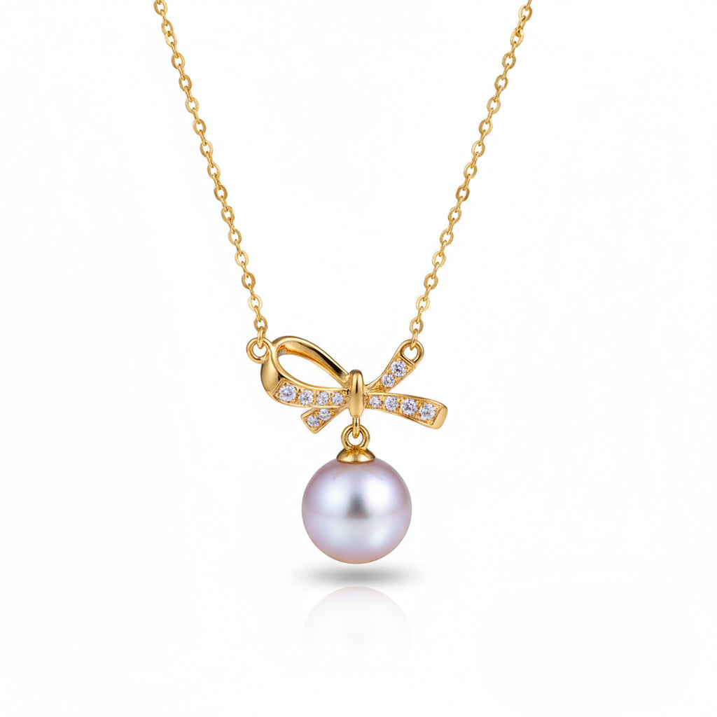 Lumina Heart Enchanted Bow Pearl Pendant Necklace in 18K Gold Vermeil
