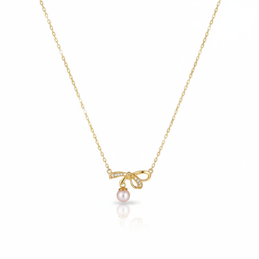 Lumina Heart Ribbon Bow Pearl Pendant Necklace in 18K Gold Vermeil