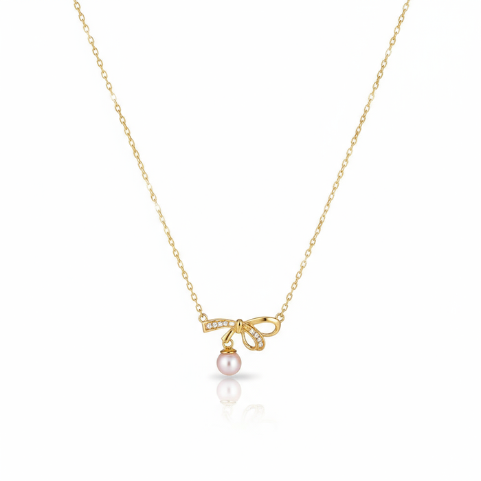 Lumina Heart Ribbon Bow Pearl Pendant Necklace in 18K Gold Vermeil