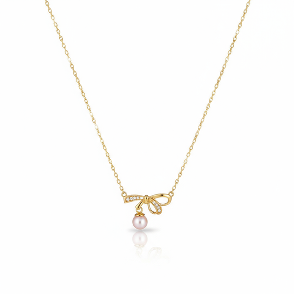 Lumina Heart Ribbon Bow Pearl Pendant Necklace in 18K Gold Vermeil