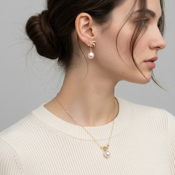Lumina Heart Ribbon Bow Pearl Pendant Necklace in 18K Gold Vermeil