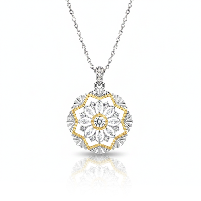 Daily Grace Two-Tone Mandala Flower CZ Diamond Pendant in 18K Gold