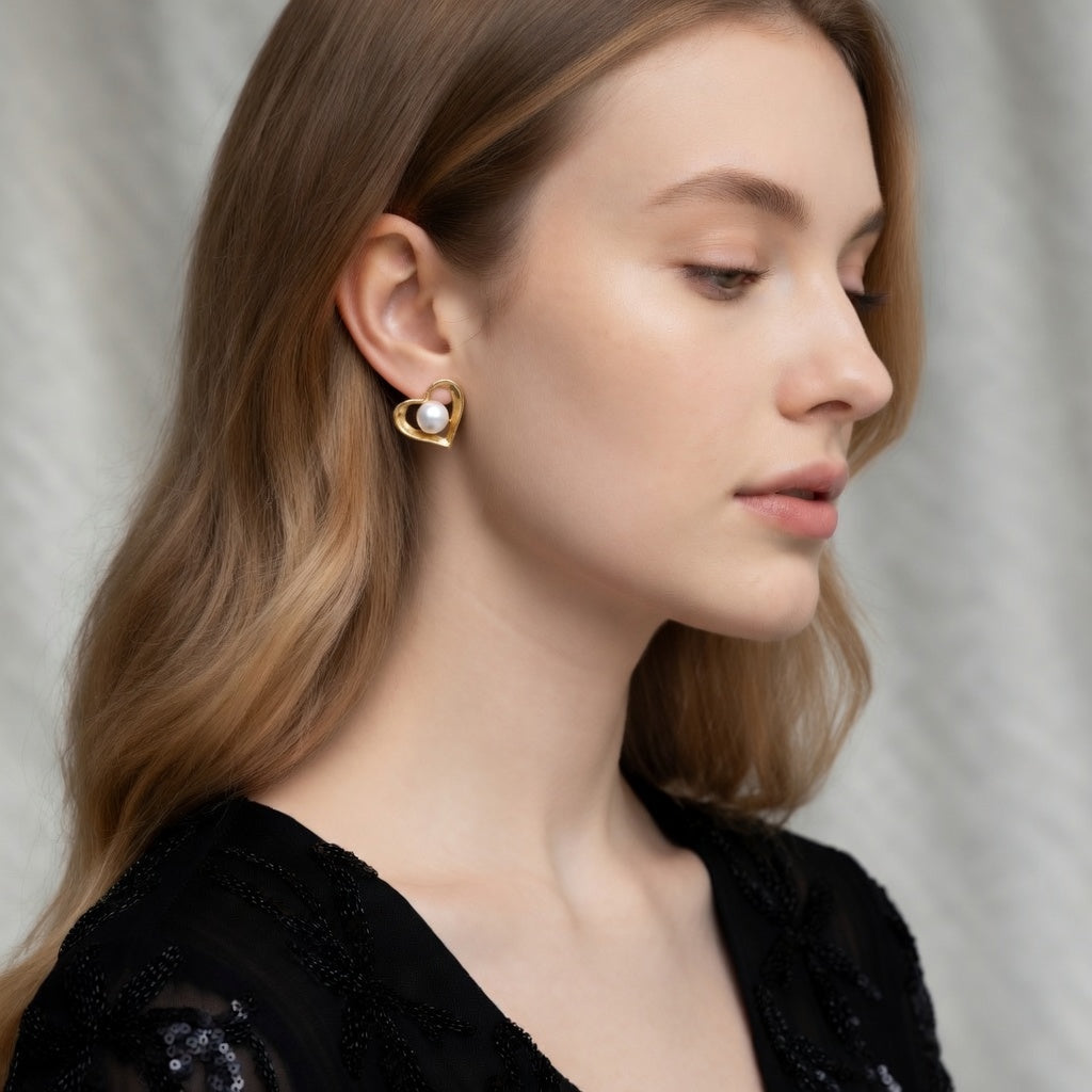 Lumina Heart Classic Heart Freshwater Pearl Stud Earrings in 18K Gold Vermeil