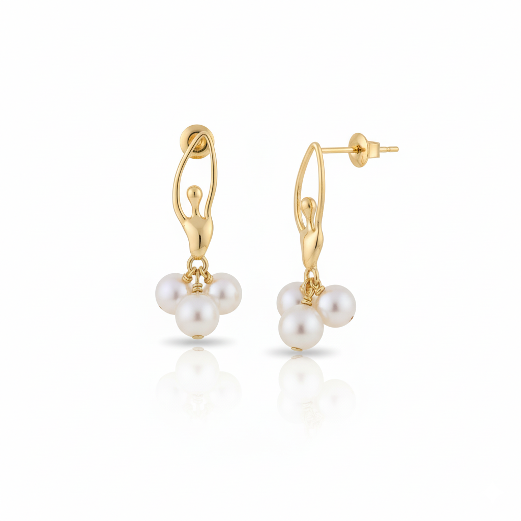 Lumina Heart Ballet Dancer Trio Freshwater Pearl Drop Earrings in 18K Gold Vermeil